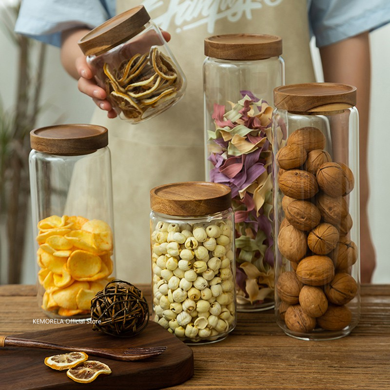 Glass Meal Prep Container - Wood Lid Glass Airtight Canister Kitchen